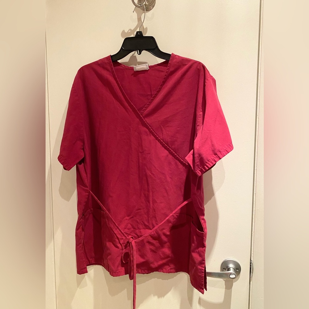 Wrap-Front Scrub Top in Deep Raspberry - Picture 2 of 3